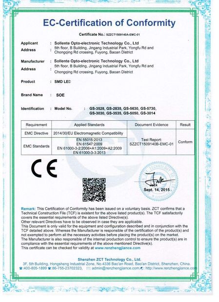 চীন Sollente Opto-Electronic Technology Co., Ltd সার্টিফিকেশন